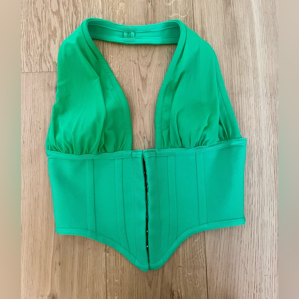 NWT Forever 21 Green Corset Style Cropped Bandage Halter Top Size Small